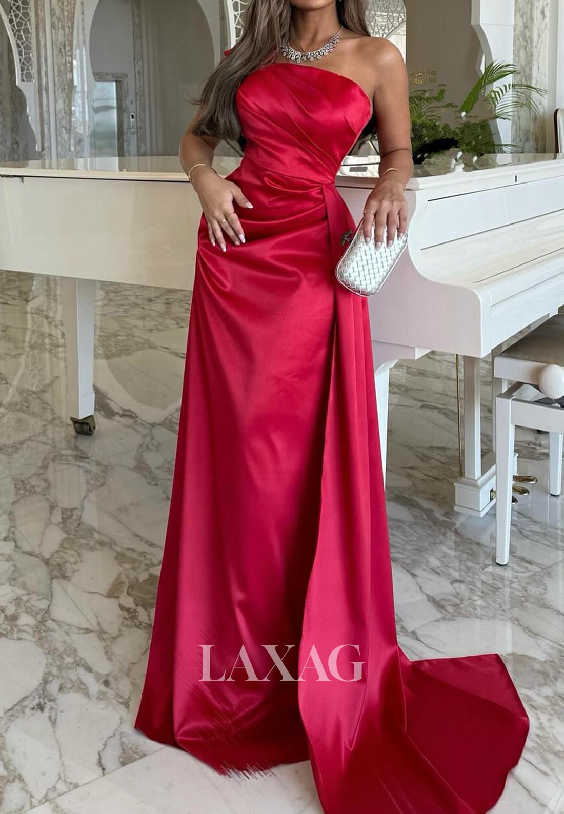 Simple Off-Shoulder Tube Top Sleeveless Formal Gowns Pleated Satin High Slit Evening Dress