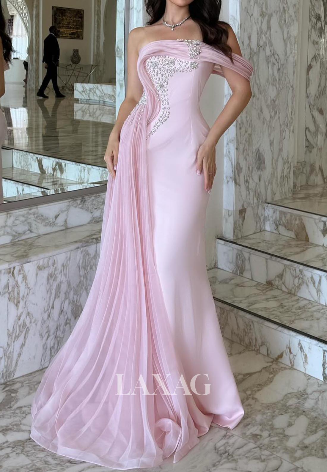 Tube Top Off-Shoulder Sleeveless Mermaid Evening Dress Beaded Pleated Formal Gowns