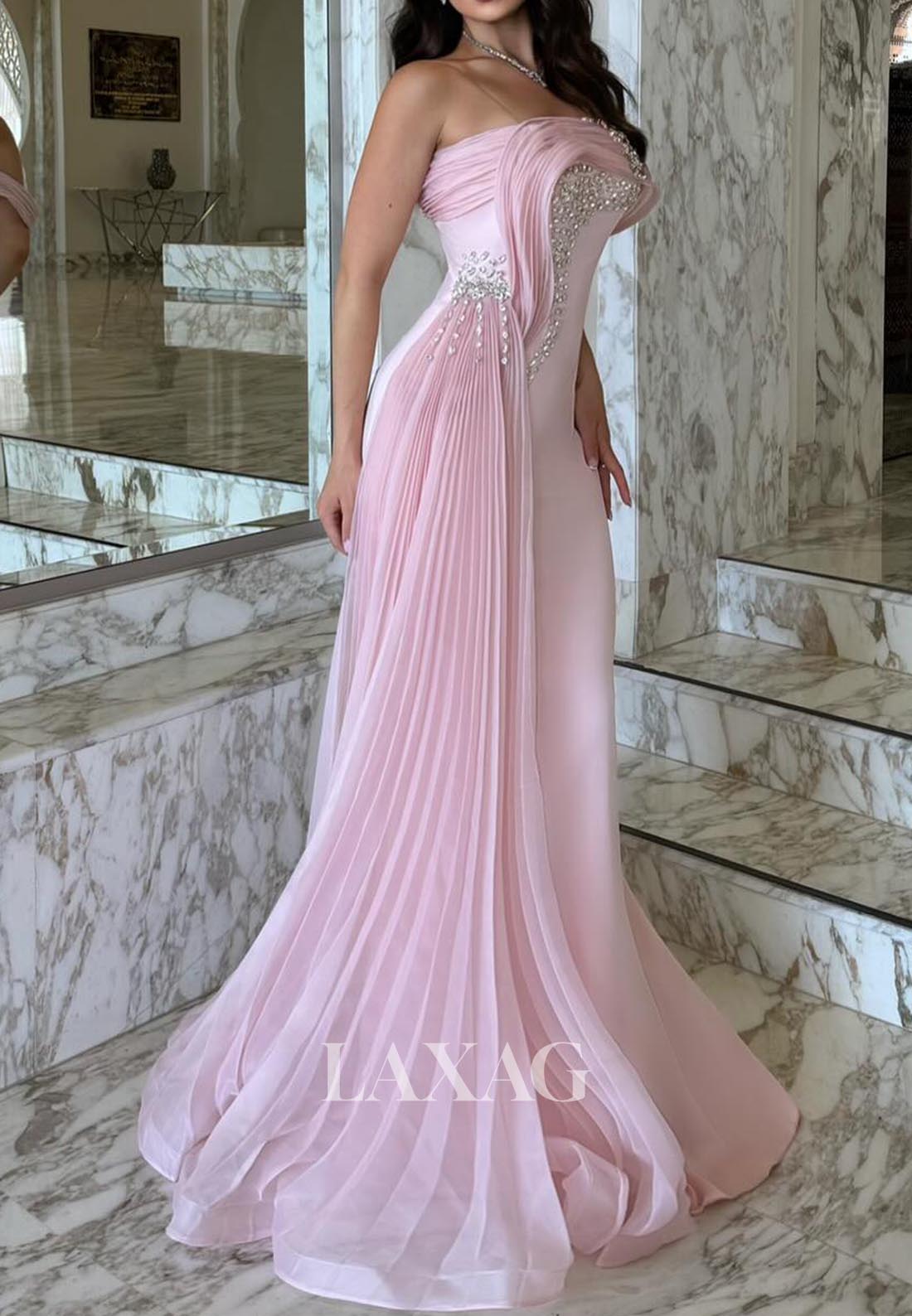 Tube Top Off-Shoulder Sleeveless Mermaid Evening Dress Beaded Pleated Formal Gowns