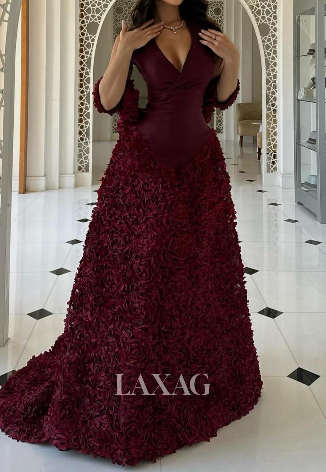 Halter V-Neck Sleeveless Pleated Satin Evening Dress Floral Embellished Sweep Train Formal Gowns