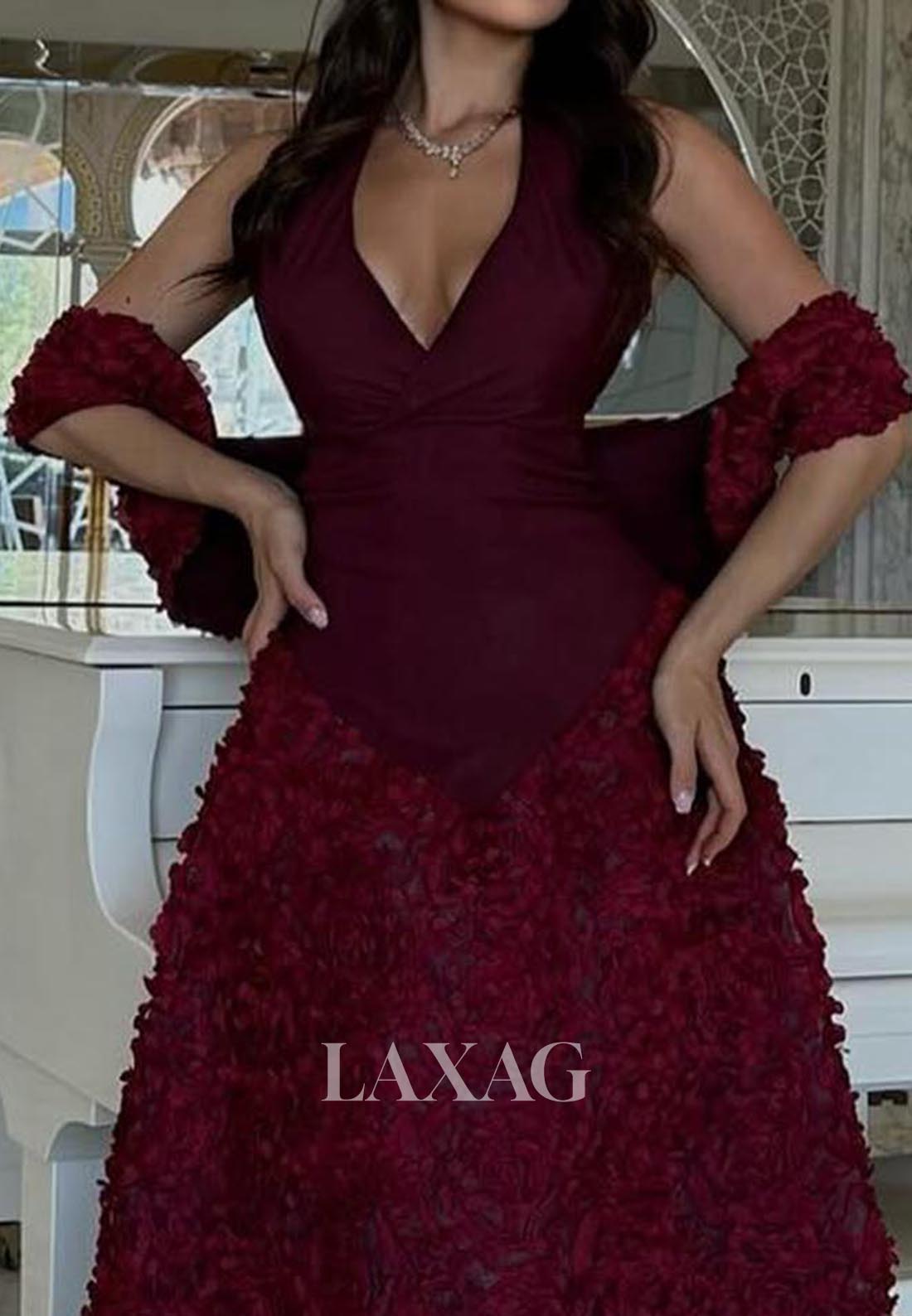 Halter V-Neck Sleeveless Pleated Satin Evening Dress Floral Embellished Sweep Train Formal Gowns