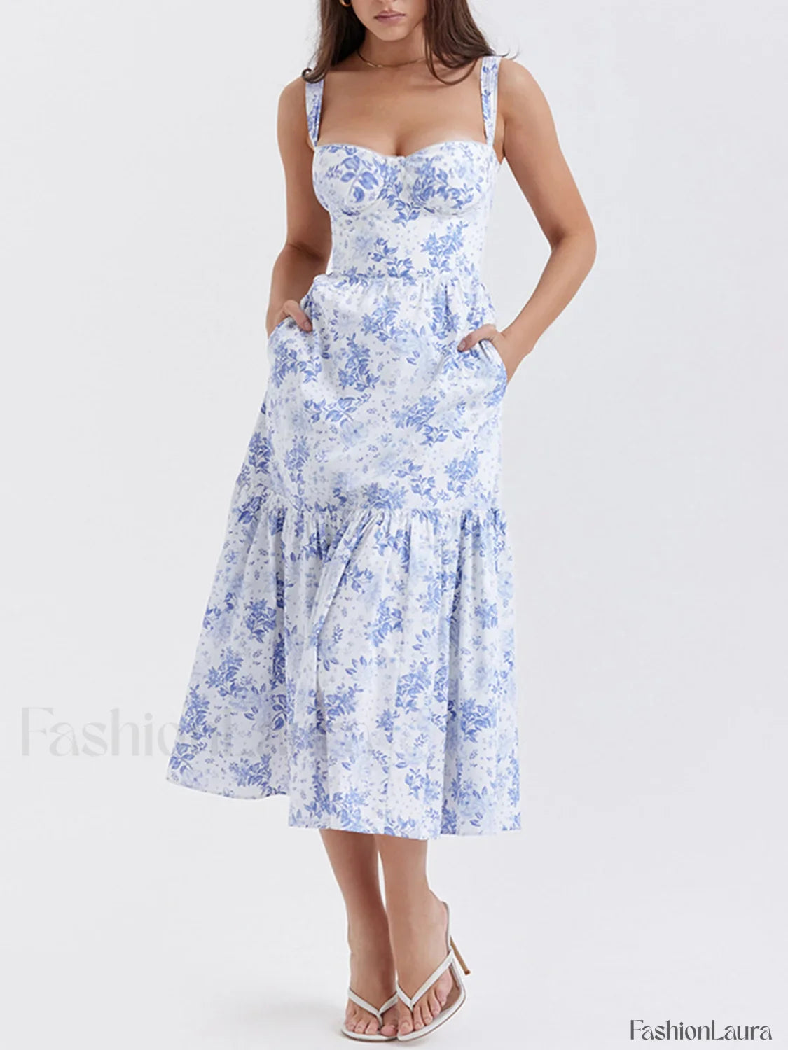 Forget Me Not Floral Pockets Zippered Long Dress