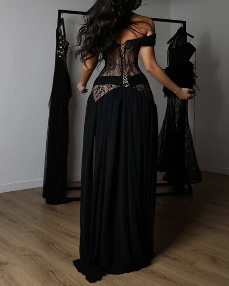 Off Shoulder Lace Corset High Split Maxi Dress 5