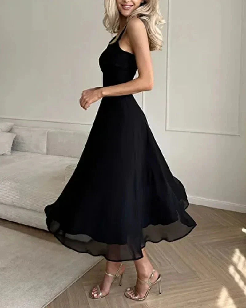 Square Neck Sleeveless Corset Seam A-Line Chiffon Midi Dress