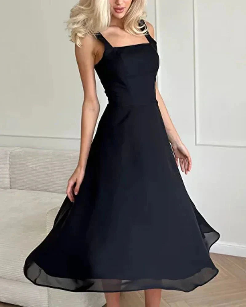 Square Neck Sleeveless Corset Seam A-Line Chiffon Midi Dress