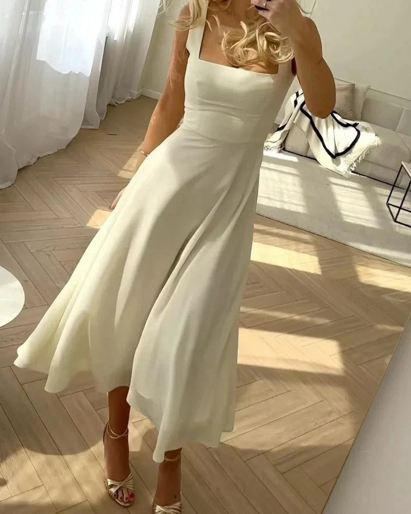 Square Neck Sleeveless Corset Seam A-Line Chiffon Midi Dress