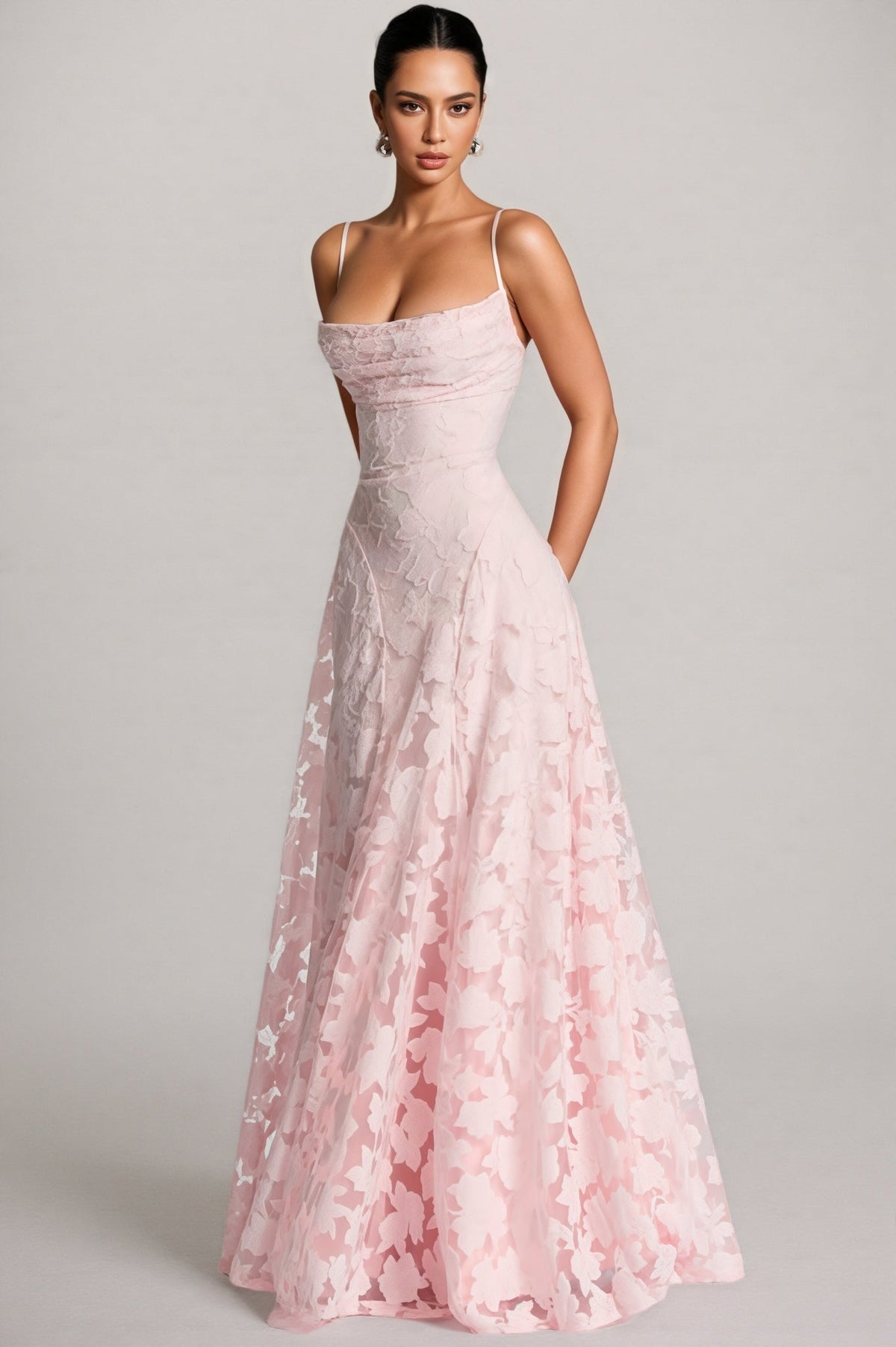 Floral Burnout Mesh Cowl Neck Spaghetti Strap A-Line Maxi Gown