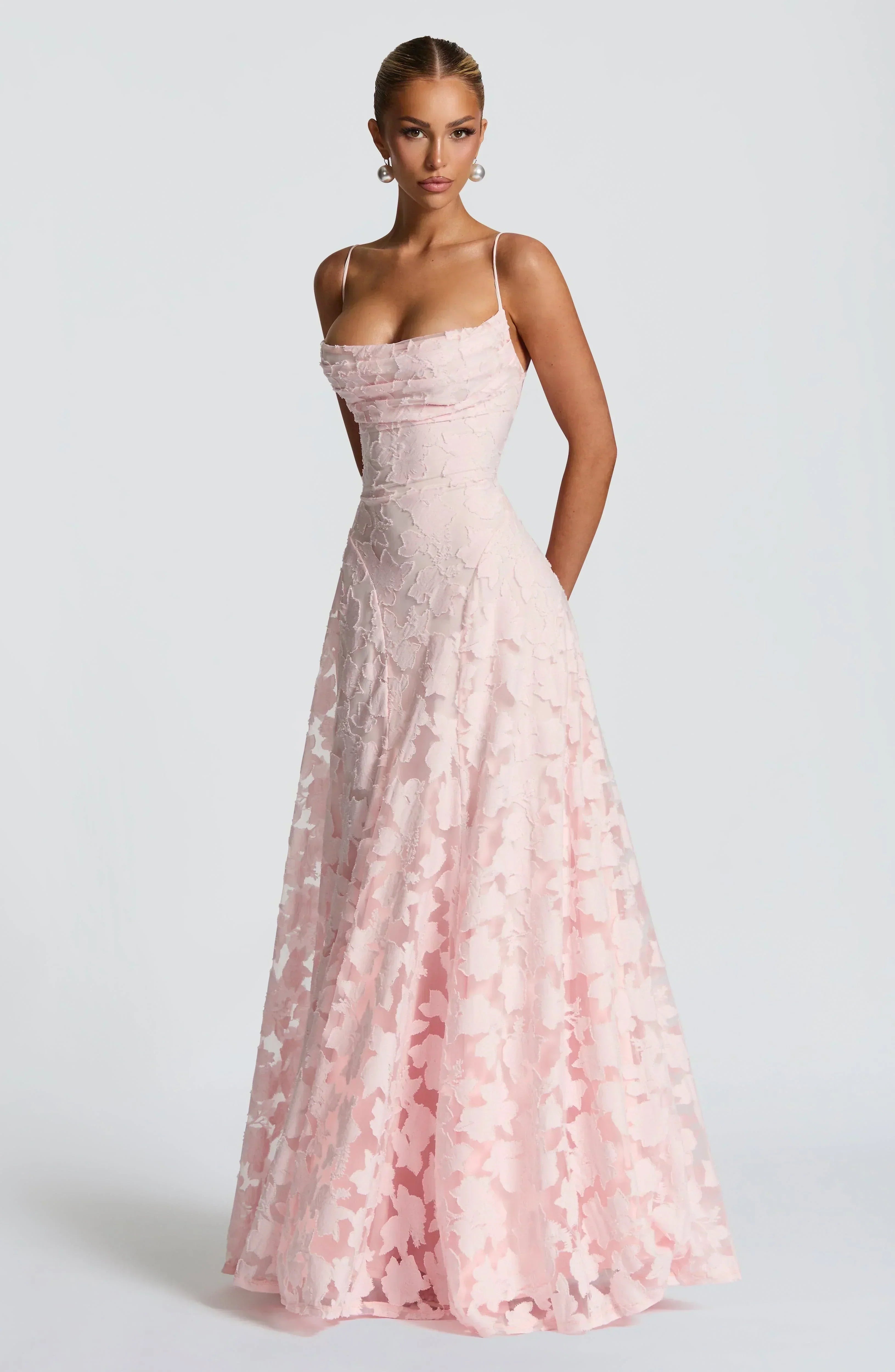 Floral Lace Square Neck Ruched Spaghetti Strap A-Line Maxi Gown