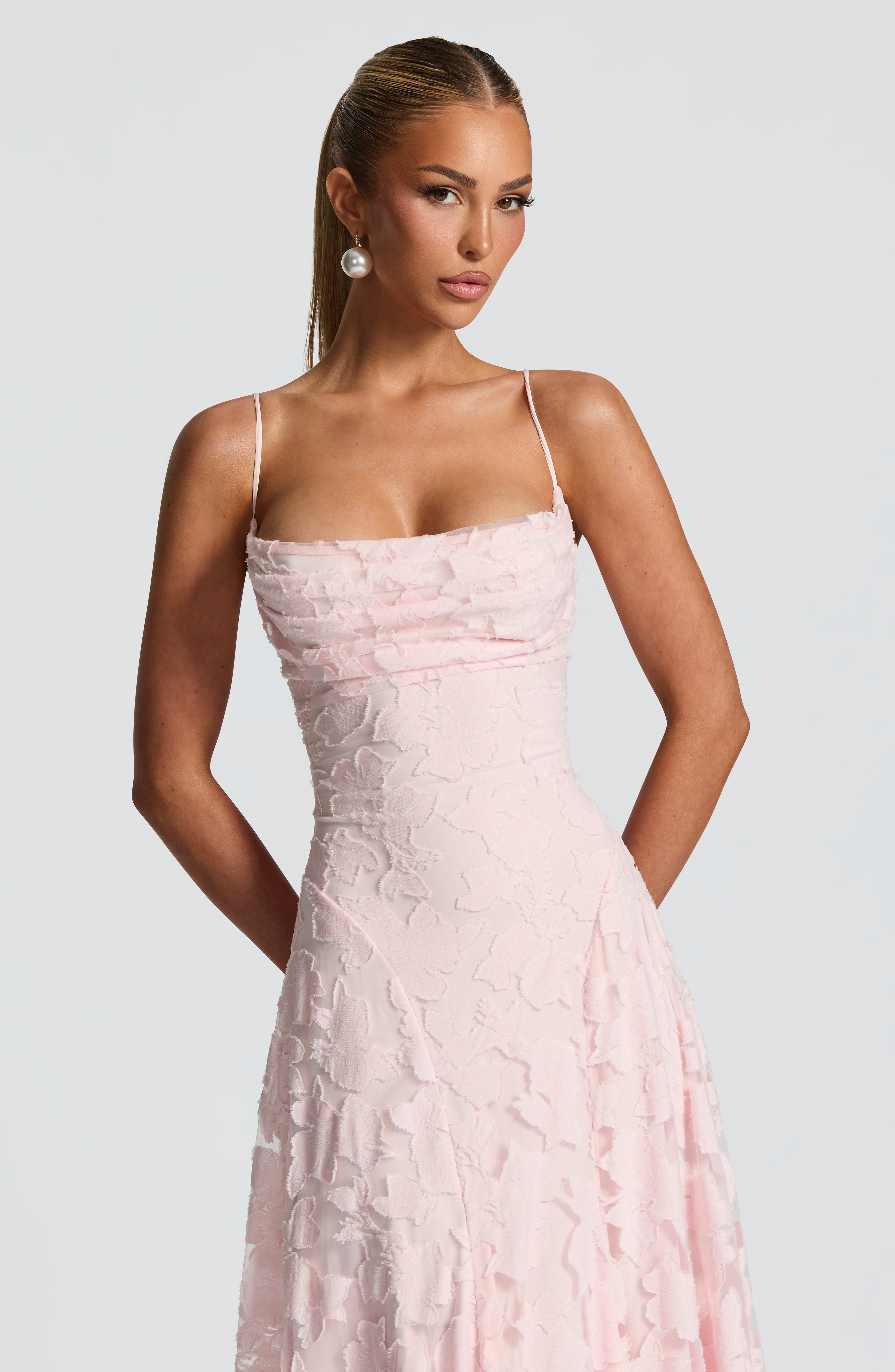 Floral Lace Square Neck Ruched Spaghetti Strap A-Line Maxi Gown