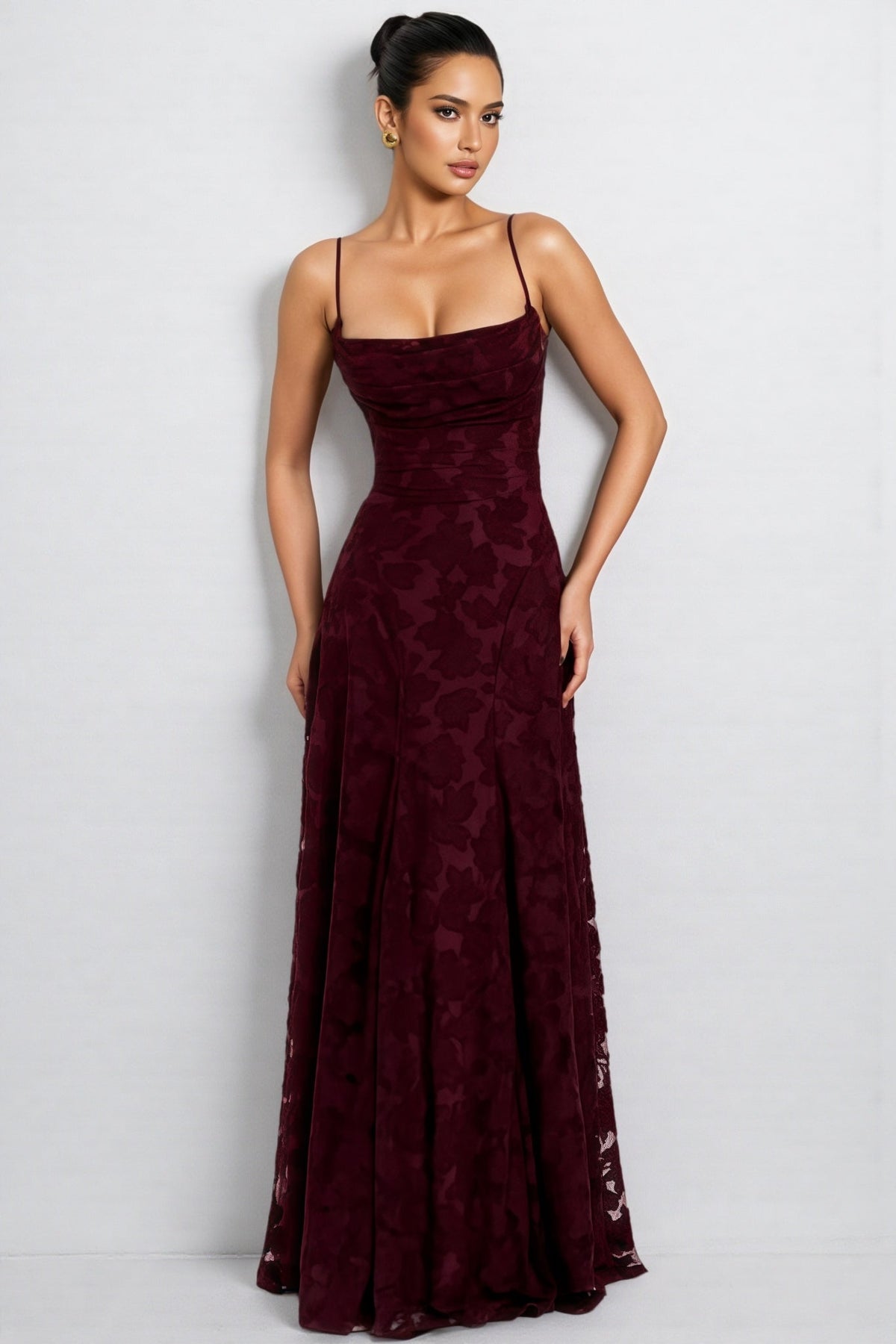 Cowl Neck Spaghetti Strap Floral Burnout Mesh A-Line Maxi Gown 3