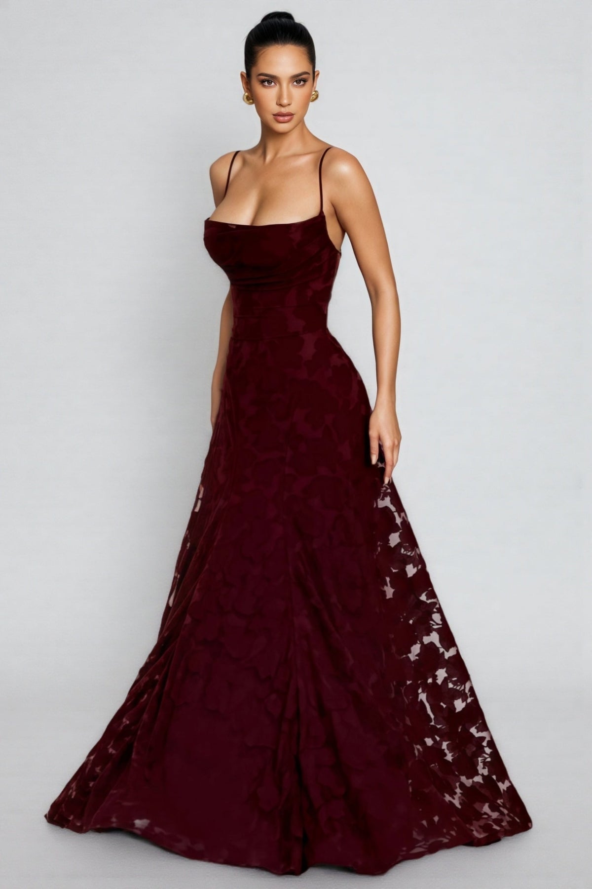 Cowl Neck Spaghetti Strap Floral Burnout Mesh A-Line Maxi Gown 4