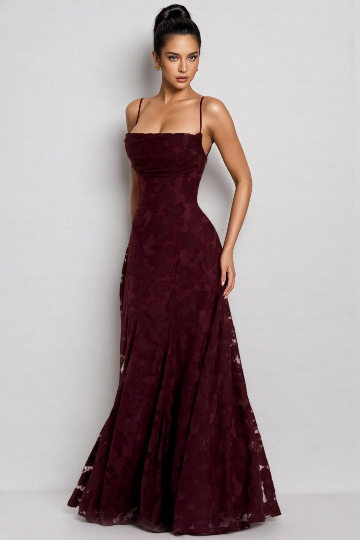 Cowl Neck Spaghetti Strap Floral Burnout Mesh A-Line Maxi Gown 6
