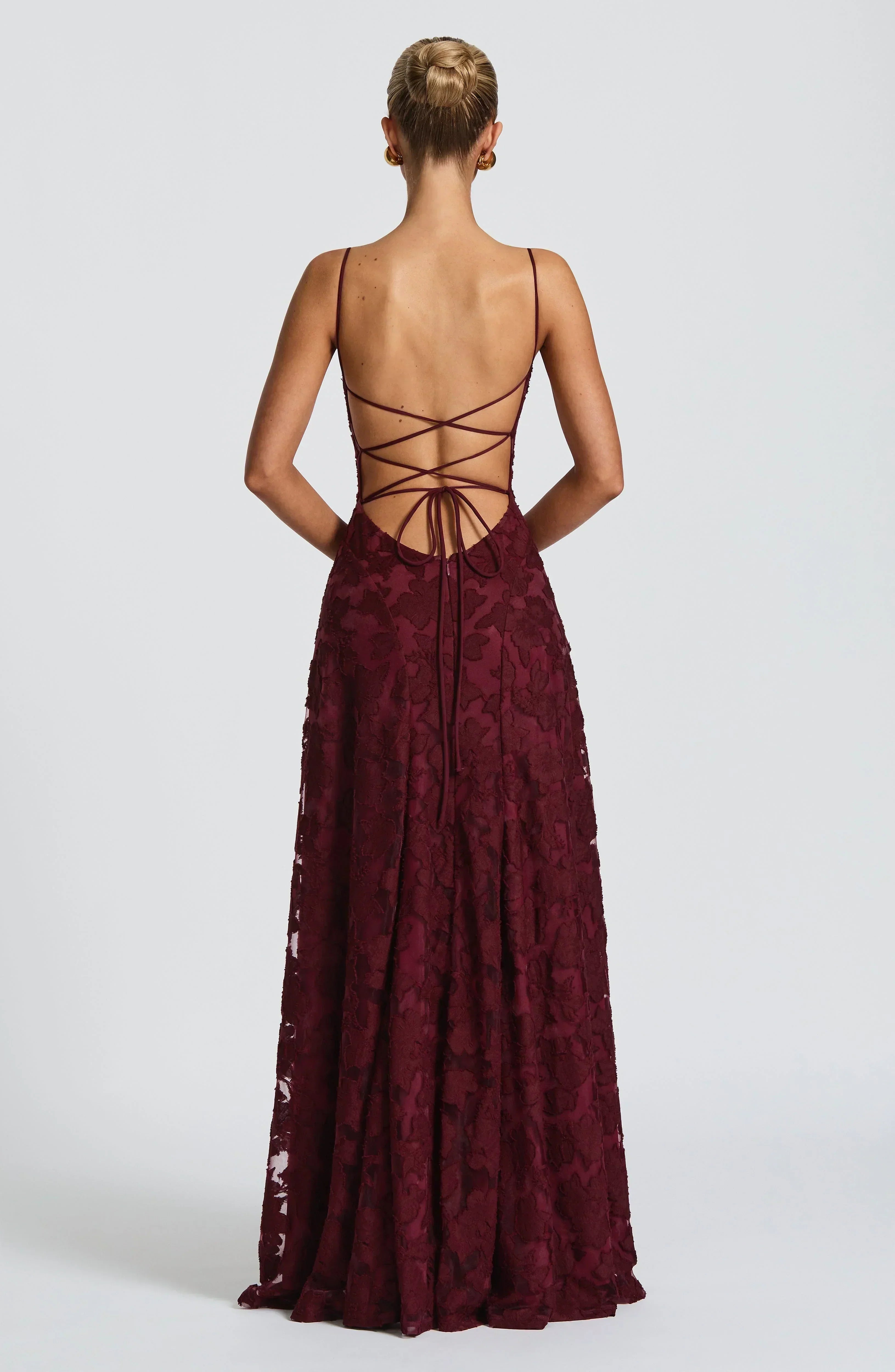 Floral Lace Square Neck Ruched Spaghetti Strap A-Line Maxi Gown