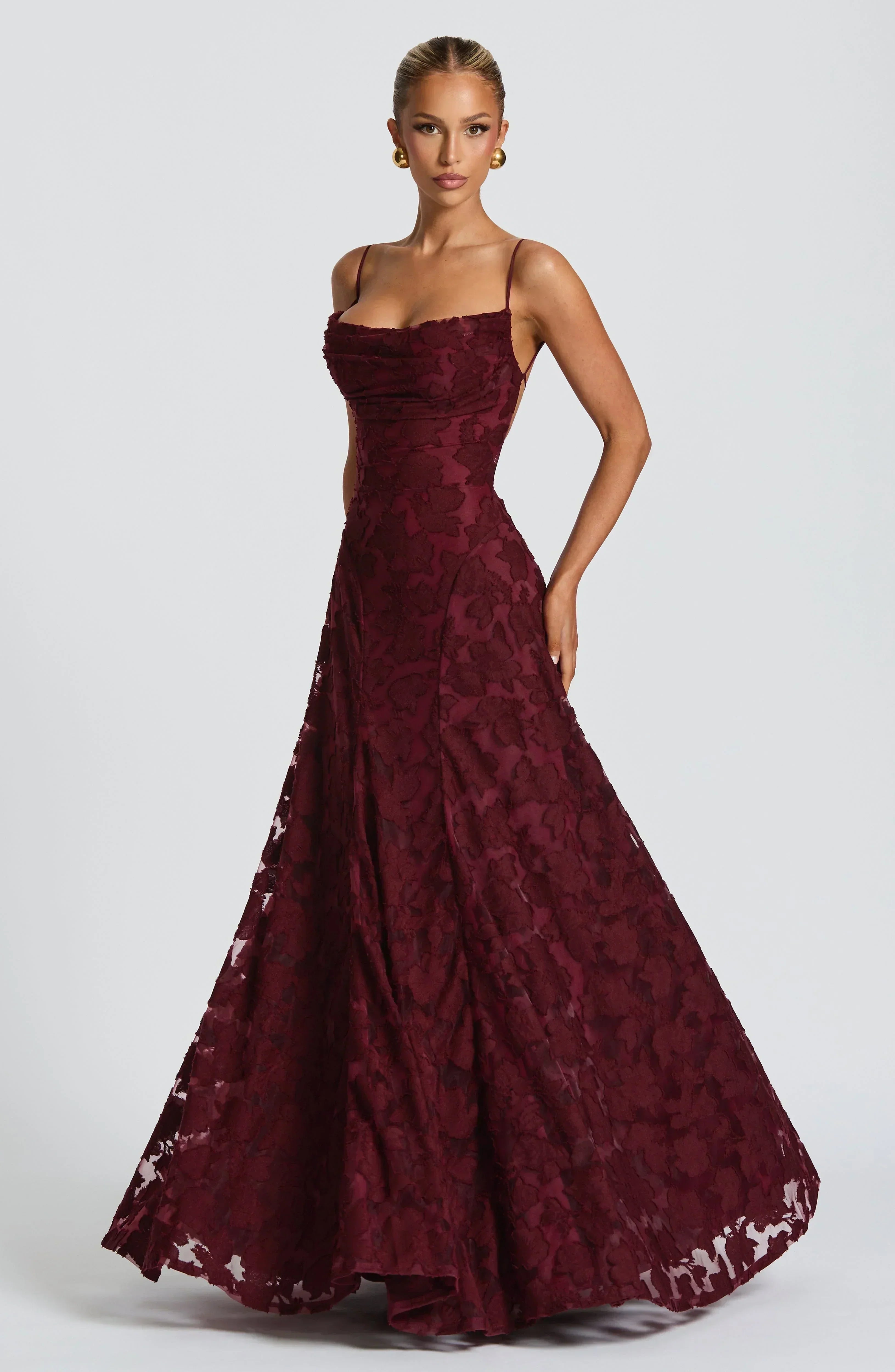 Floral Lace Square Neck Ruched Spaghetti Strap A-Line Maxi Gown