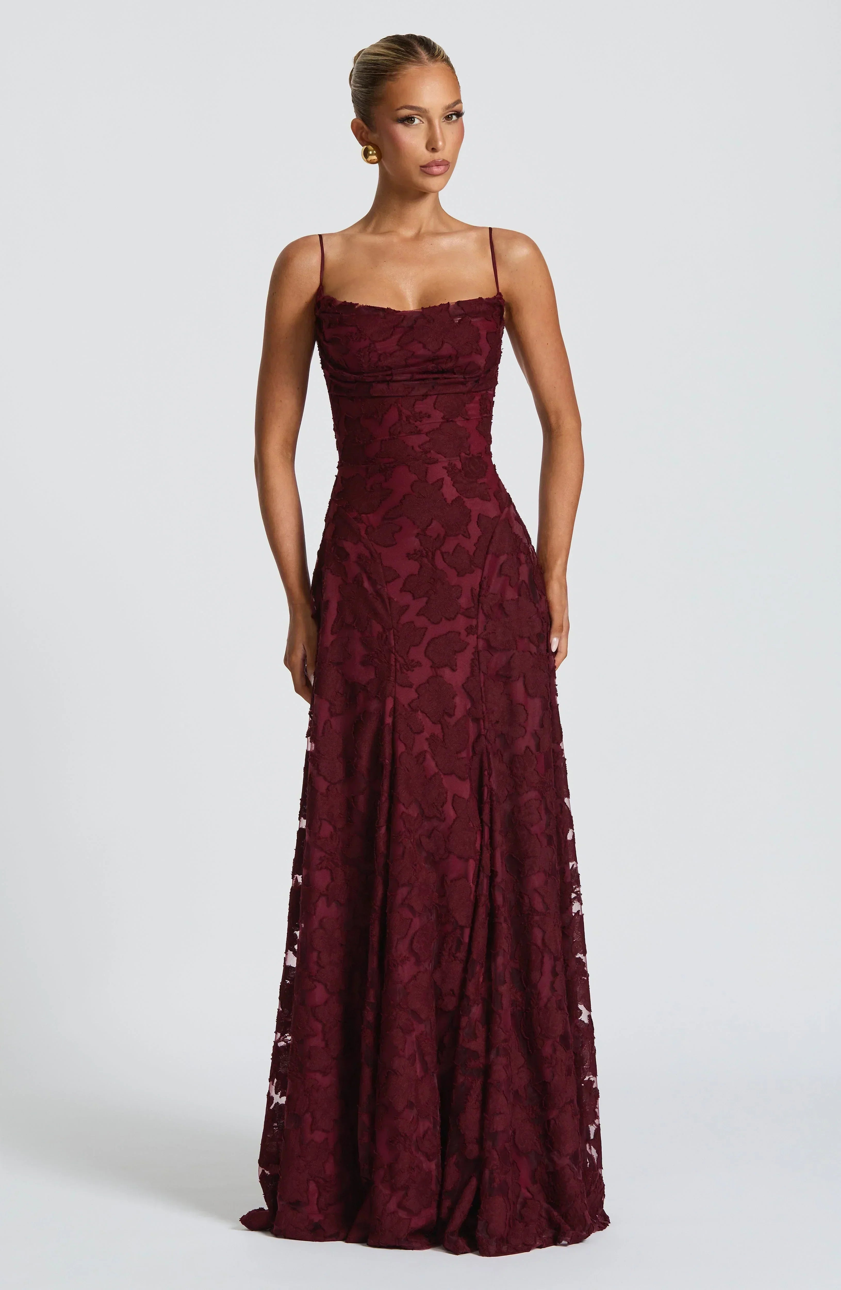 Floral Lace Square Neck Ruched Spaghetti Strap A-Line Maxi Gown