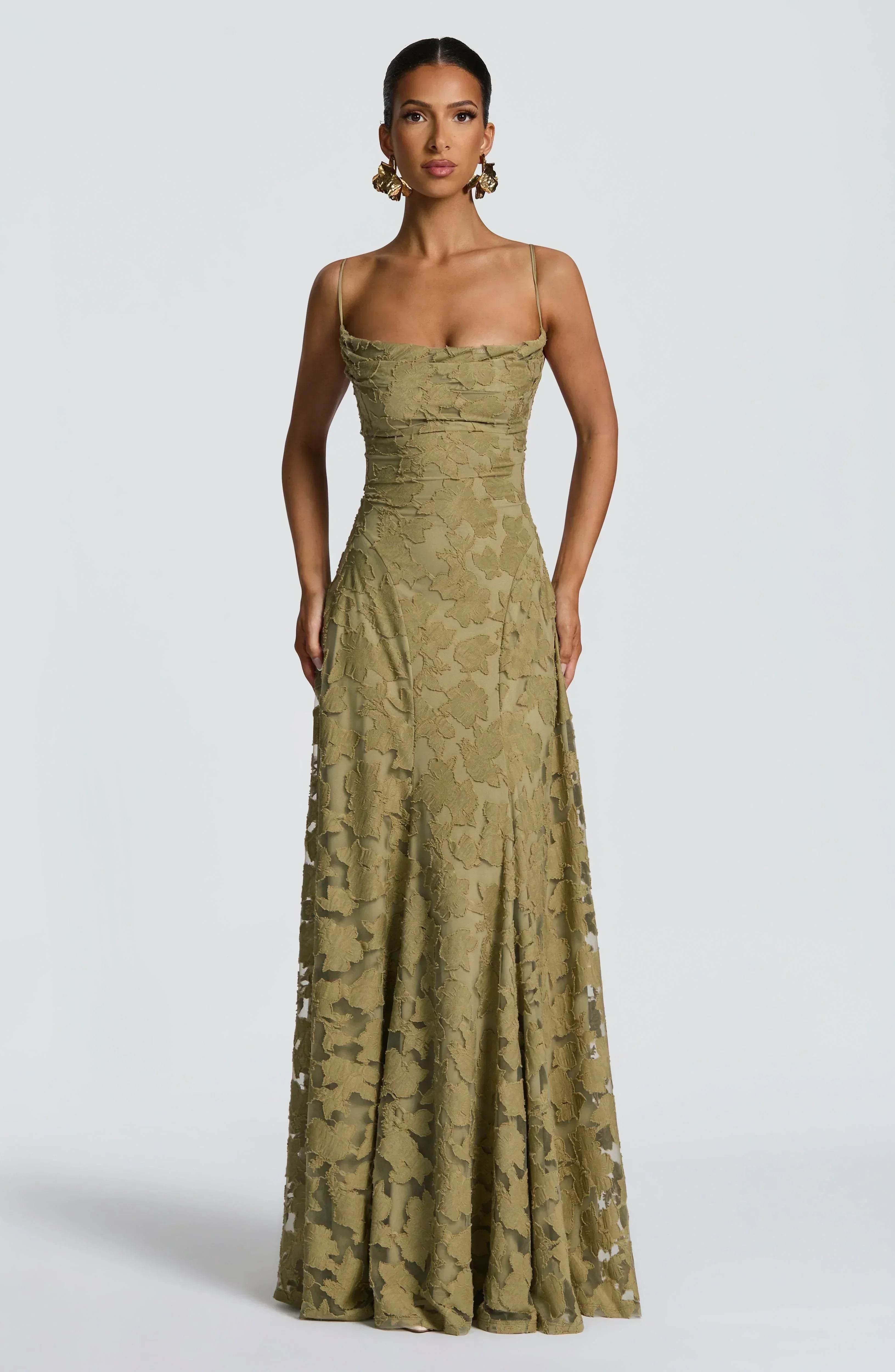 Floral Lace Square Neck Ruched Spaghetti Strap A-Line Maxi Gown