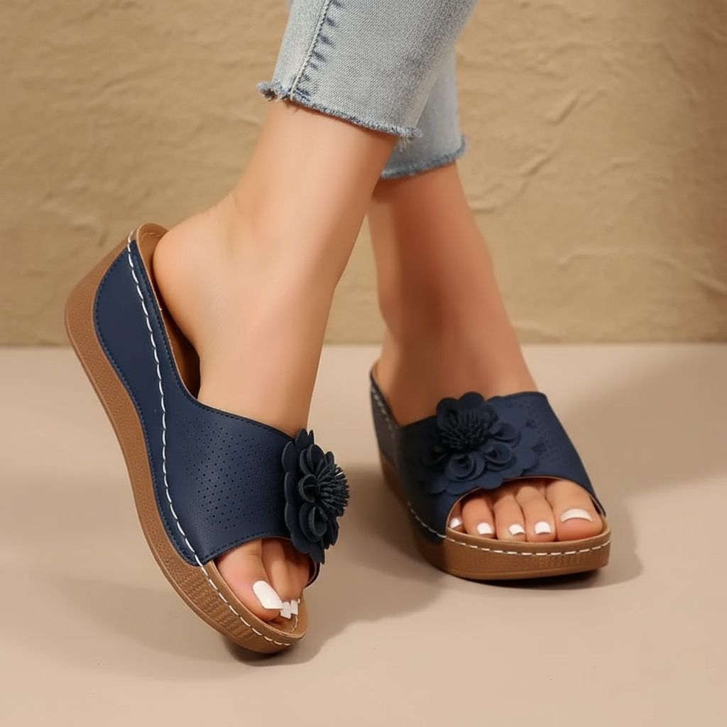 Open Toe Flower Wedge Slide Sandals