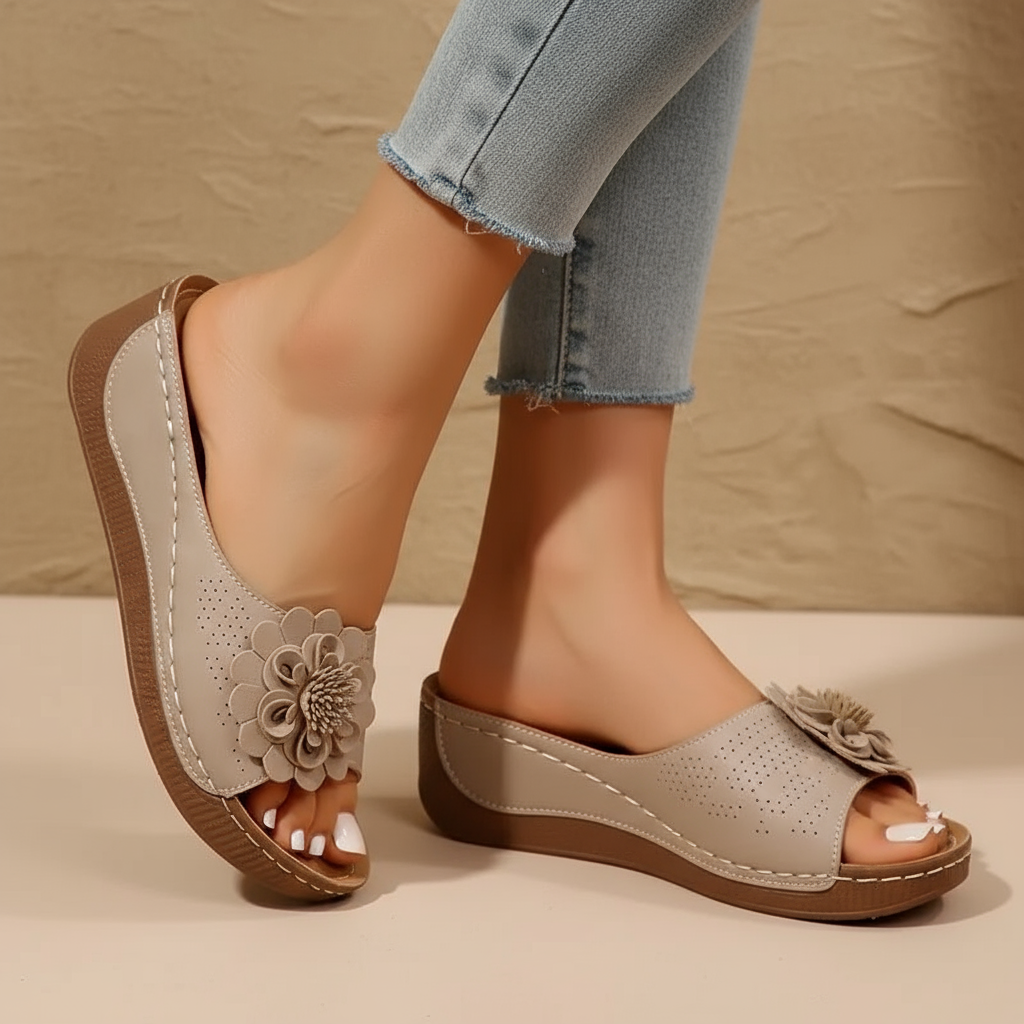 Open Toe Flower Wedge Slide Sandals