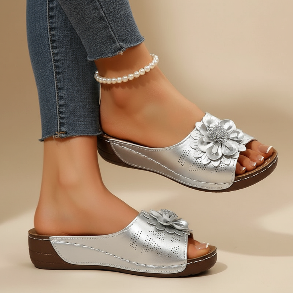 Open Toe Flower Wedge Slide Sandals