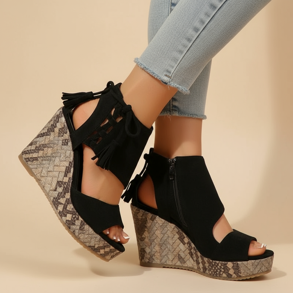 Peep Toe Fringe Platform Wedge Sandals