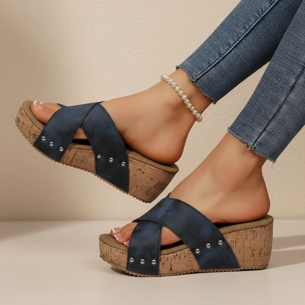 Open Toe Cross Strap Cork Platform Wedge Sandals