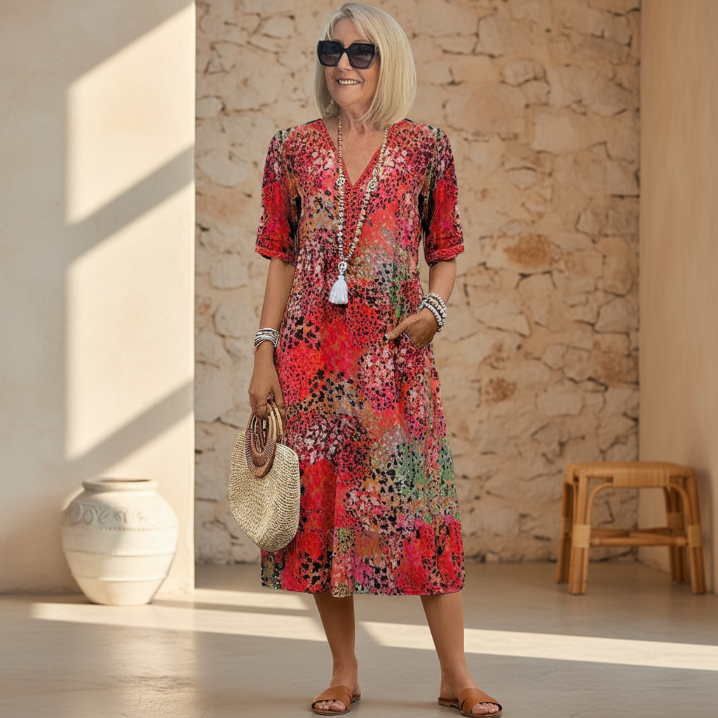 Abstract Print V-Neck Short Sleeve Tiered Midi Dress
