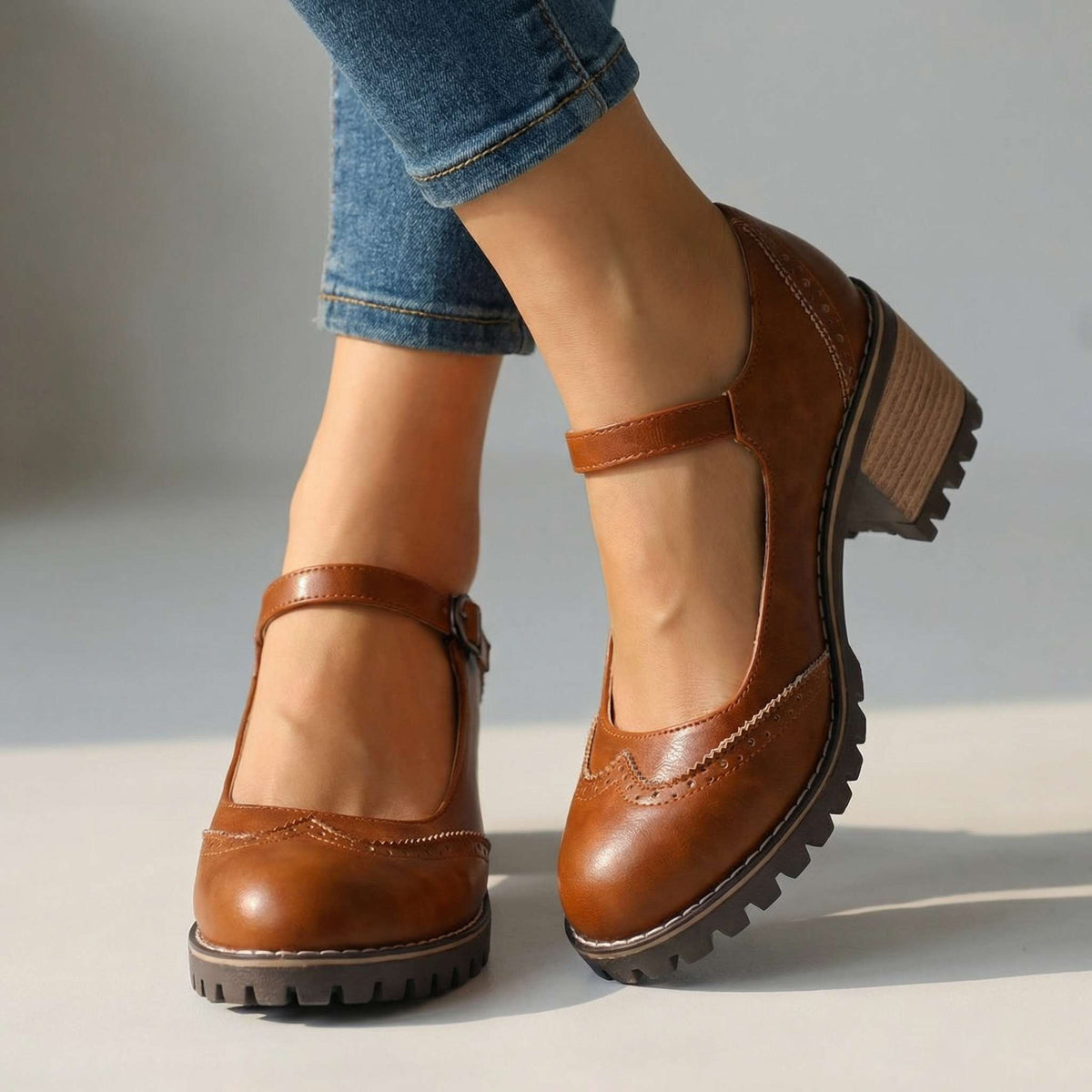 Brogue Mary Jane Ankle Strap Block Heel Lug Sole Shoes