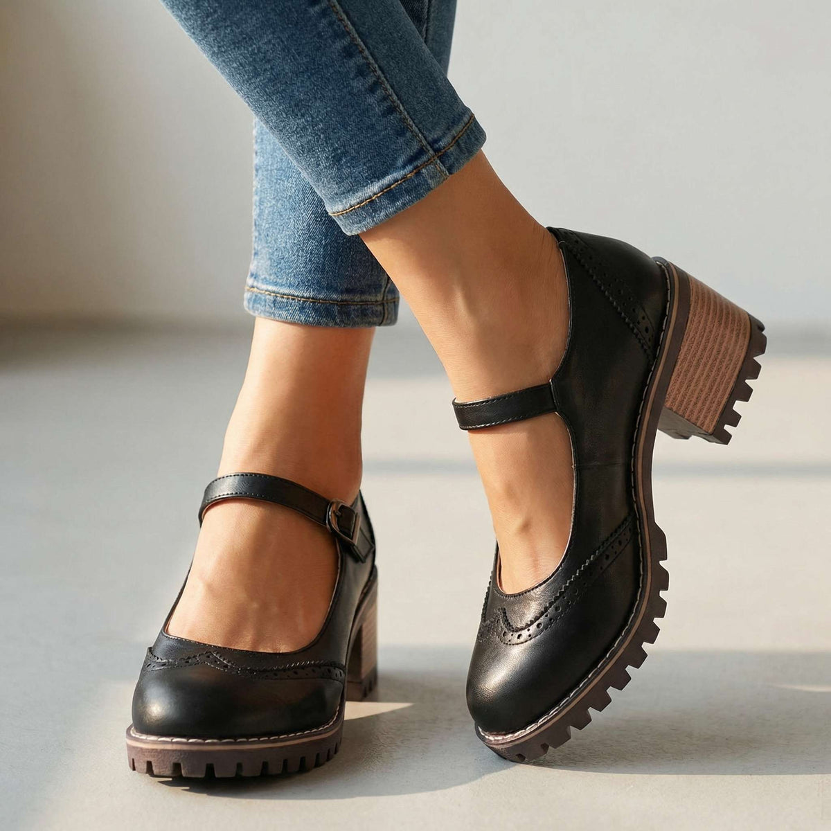 Brogue Mary Jane Ankle Strap Block Heel Lug Sole Shoes