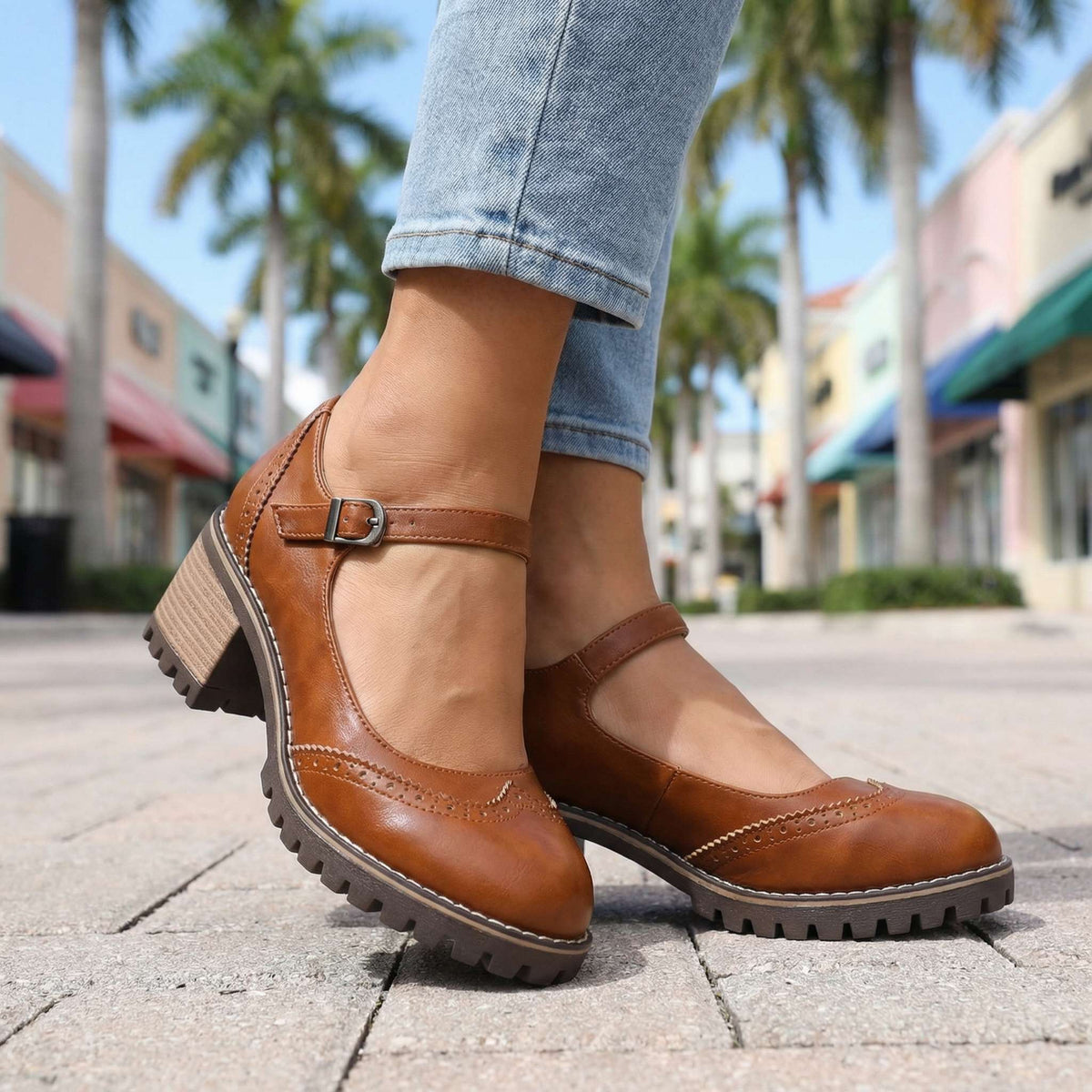 Brogue Mary Jane Ankle Strap Block Heel Lug Sole Shoes