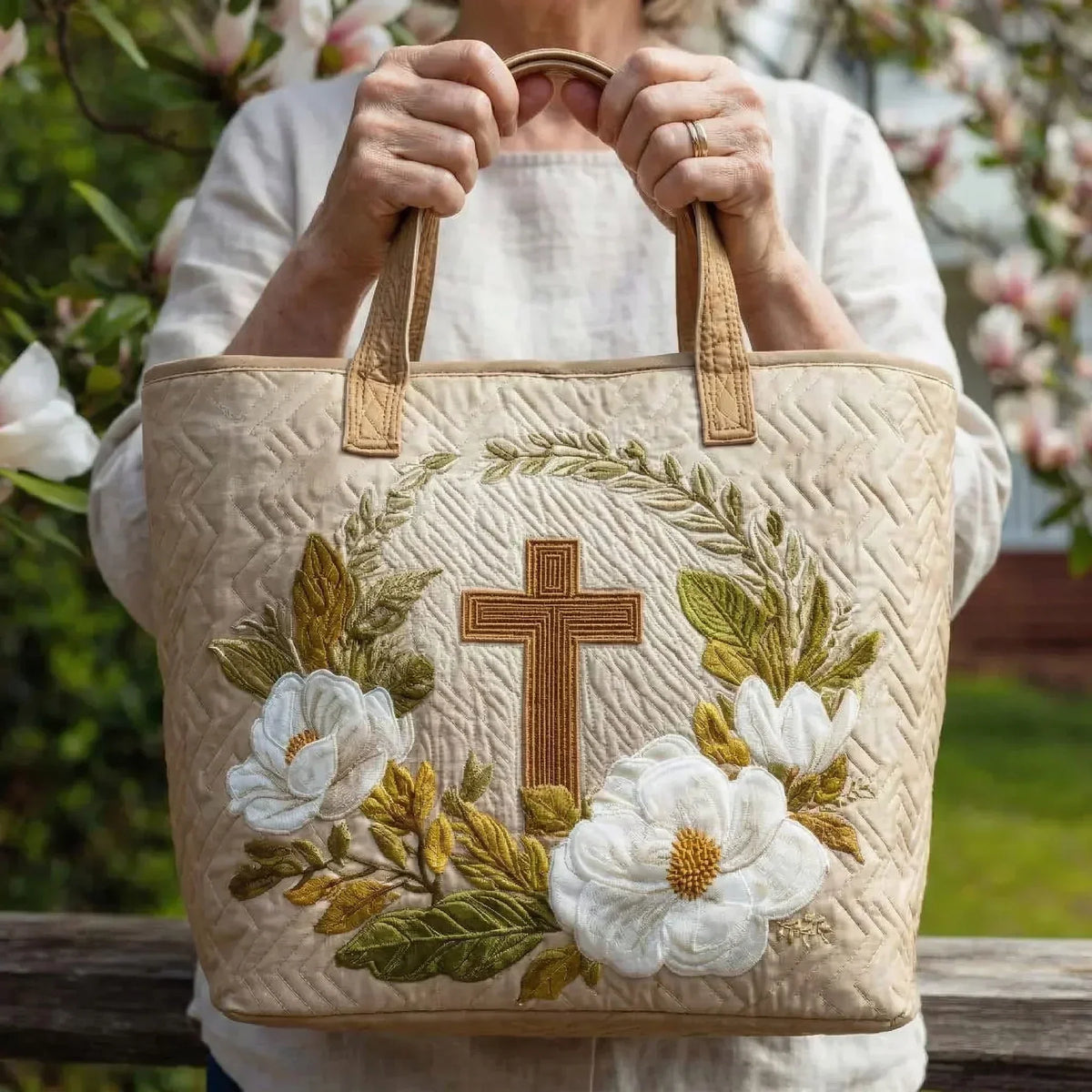 Quilted Cross and Magnolia Print Tote Bag