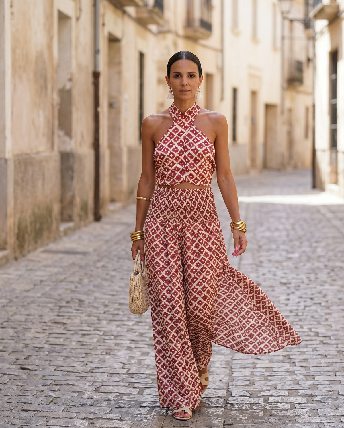 Geometric Print Halter Neck Tiered Maxi Dress