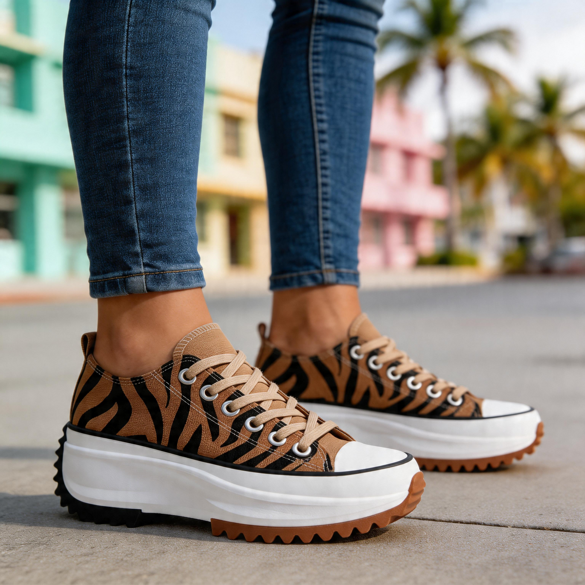 Zebra Print Lace Up Chunky Platform Sneakers