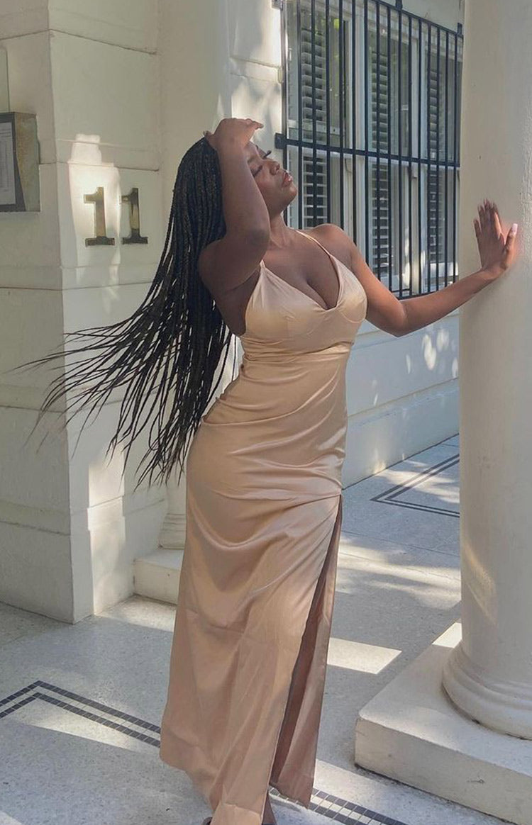 Satin V-Neck Spaghetti Strap High Split Column Maxi Dress 10
