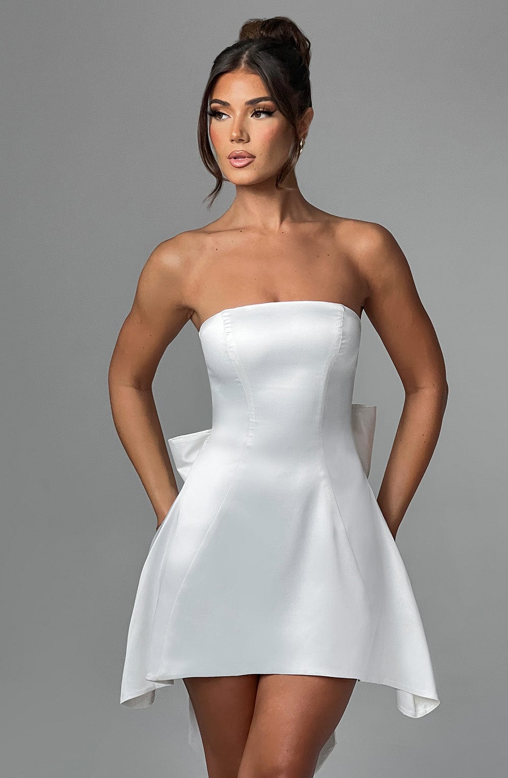 Satin Strapless Bow Back Fit and Flare Mini Dress