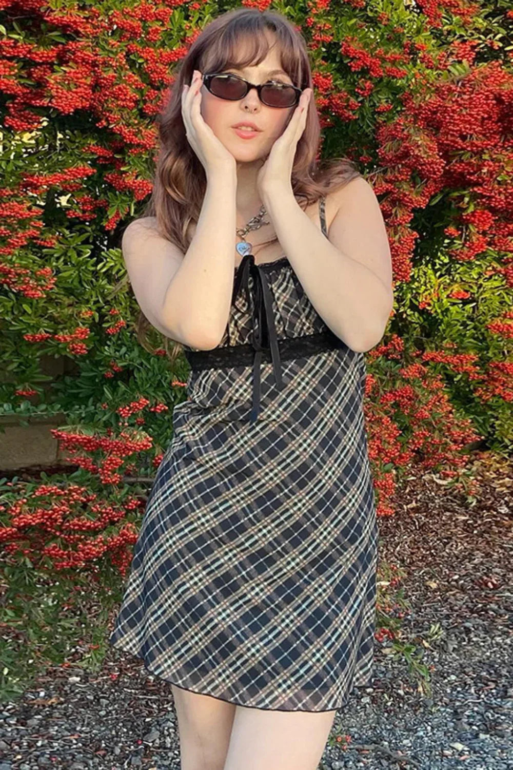 French Checkered Cami Lace Mesh A-Line Mini Dress