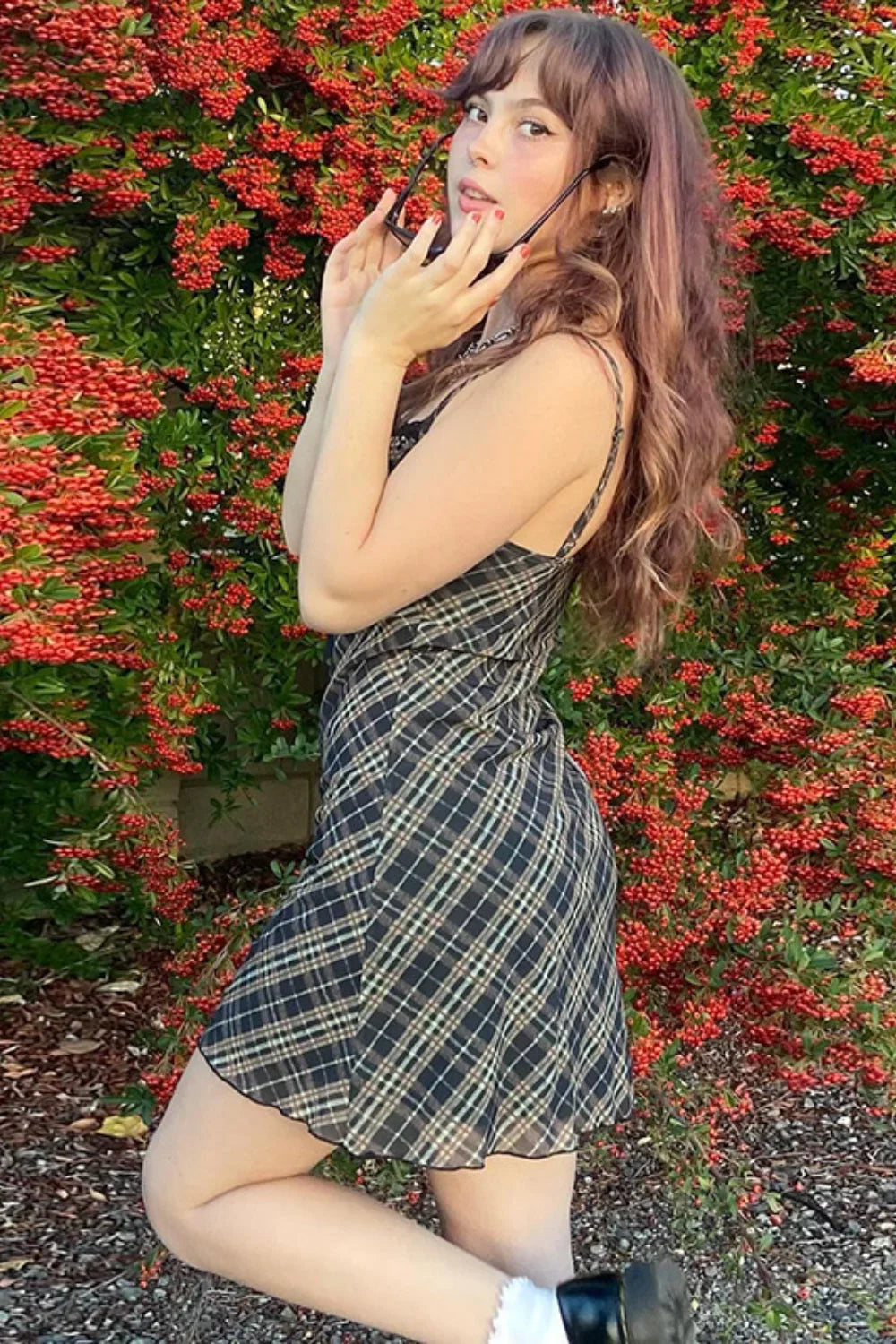 French Checkered Cami Lace Mesh A-Line Mini Dress