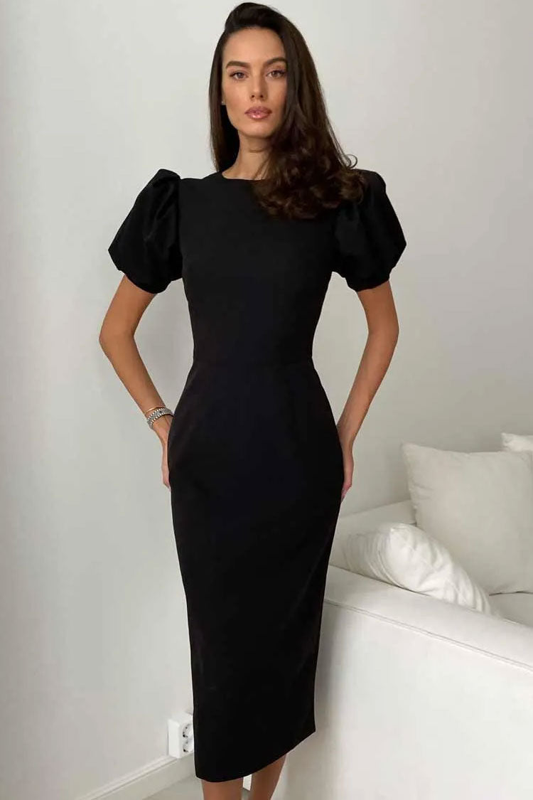 Crew Neck Short Puff Sleeve Fitted Pencil Midi Cocktail Dress