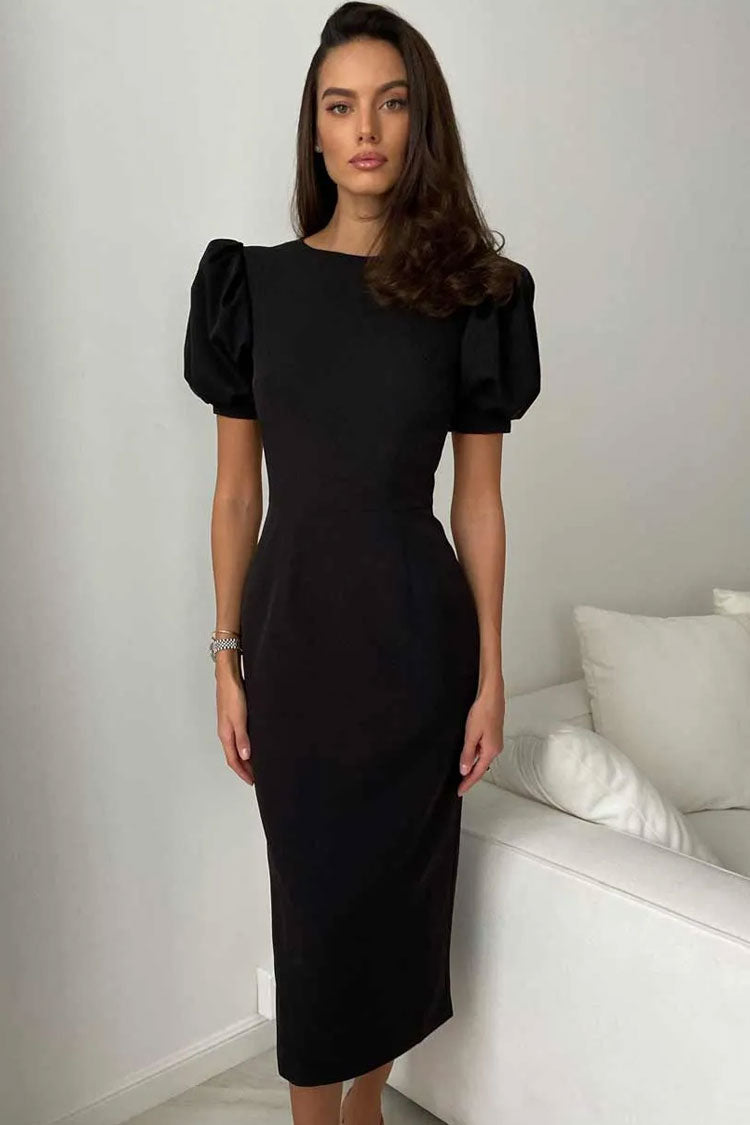 French Crew Neck Puff Sleeve Cocktail Party Midi Dress - Black 2