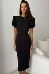 French Crew Neck Puff Sleeve Cocktail Party Midi Dress - Black 2