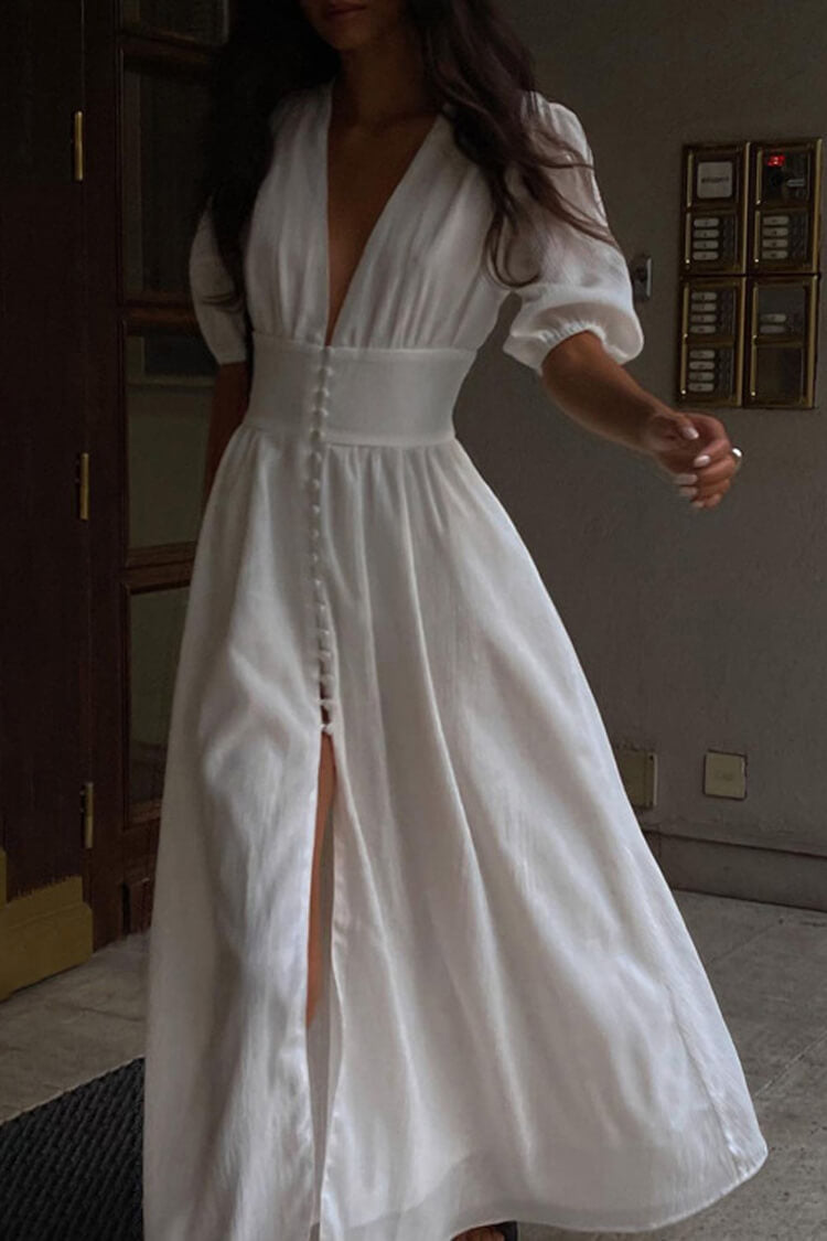 French Deep V Neck Puff Sleeve Button Up Crinkled Slit Vacation Midi Dress