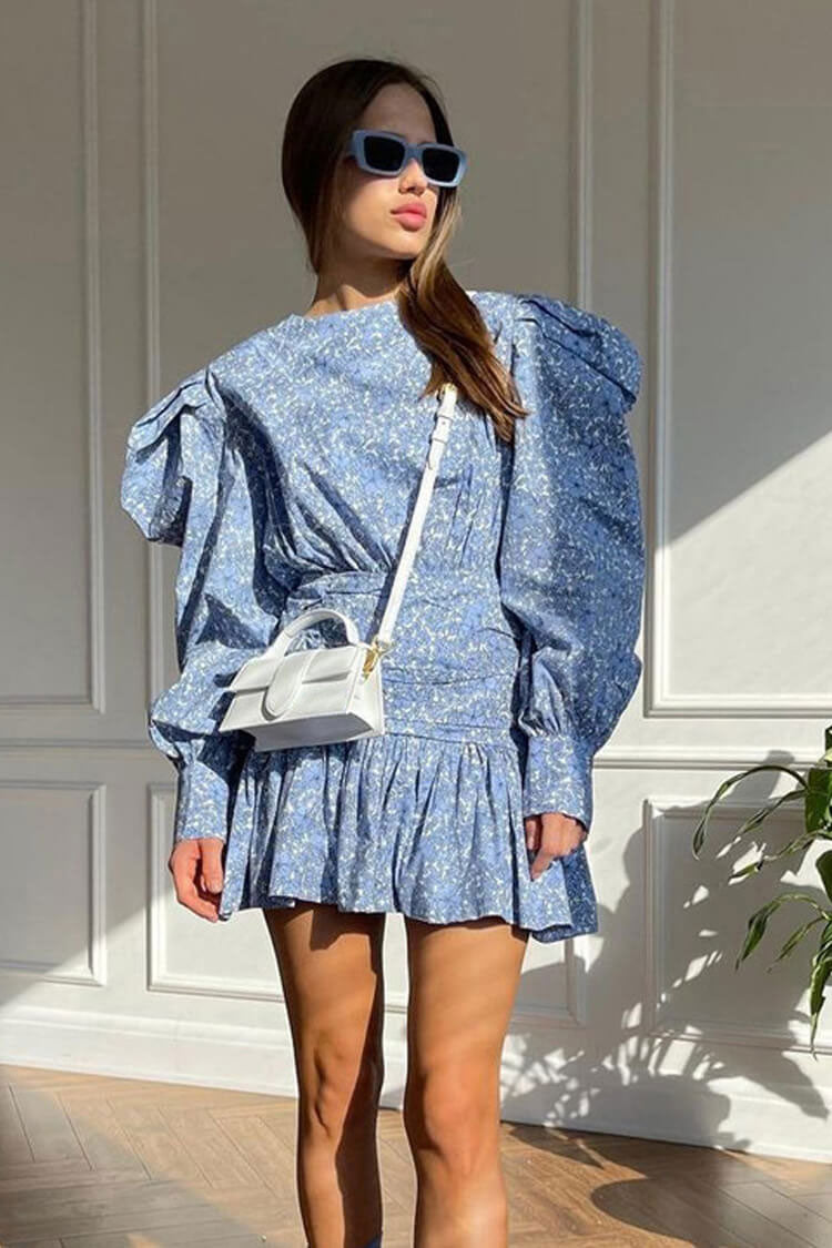 French Style Floral Print Crew Neck Balloon Sleeve Ruched Ruffle Mini Dress