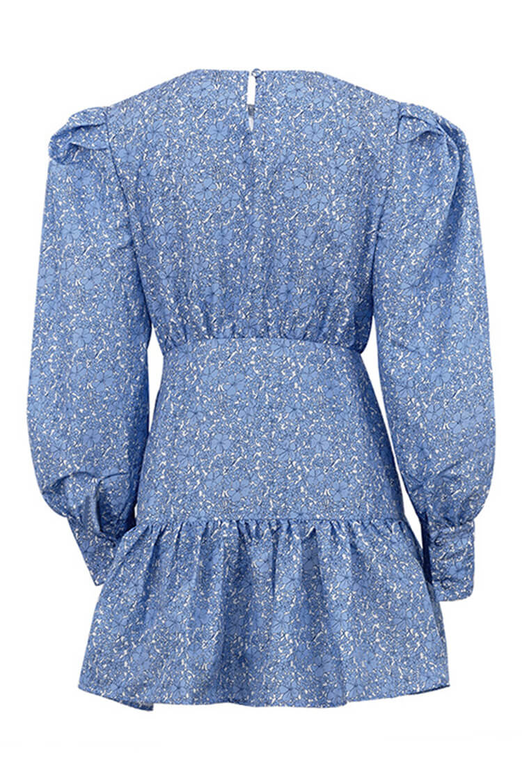 French Style Floral Print Crew Neck Balloon Sleeve Ruched Ruffle Mini Dress