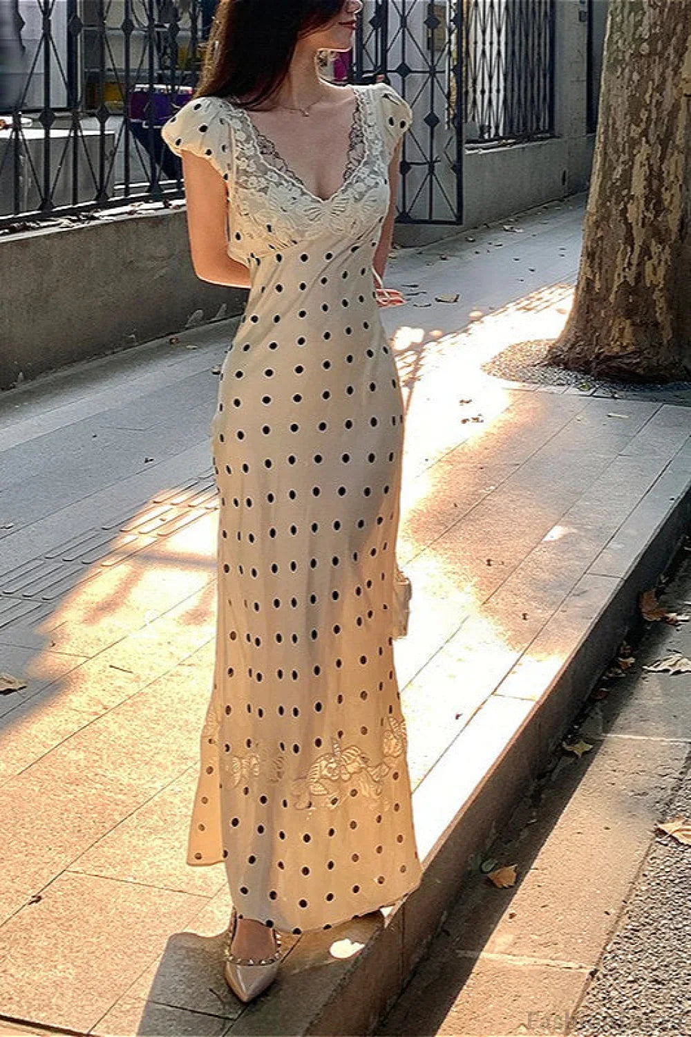 French Style Polka Dot Maxi Dress