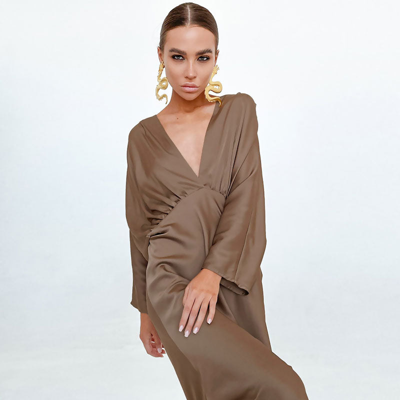 Satin Deep V-Neck Batwing Sleeve Ruched Waist Maxi Dress