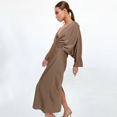 French Style Ruched Deep V Batwing Sleeve Split Cocktail Maxi Dress - Brown 2