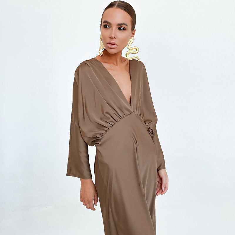French Style Ruched Deep V Batwing Sleeve Split Cocktail Maxi Dress - Brown 3