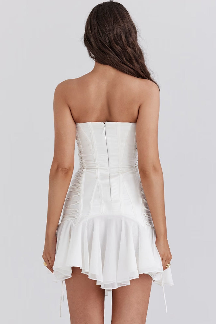 French Style Strapless Lace Up Hanky Mermaid Ruffle Tulle Party Mini Dress 4