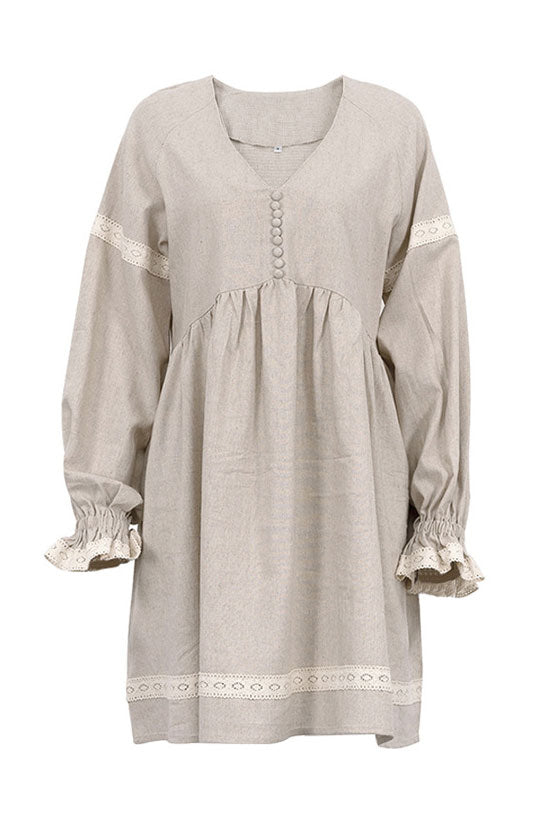 French V Neck Balloon Sleeve Empire Waist Linen Blend Babydoll Mini Dress