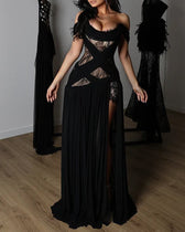Off Shoulder Lace Corset High Split Maxi Dress