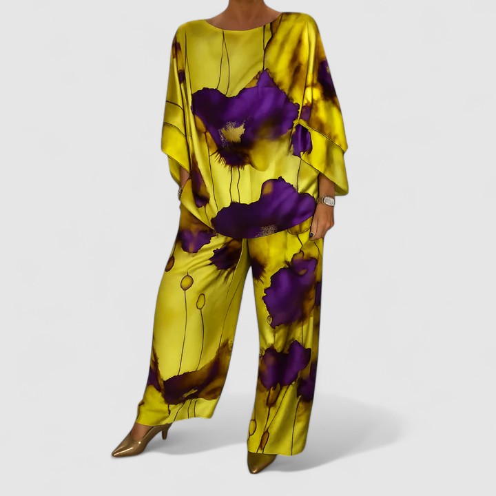 Floral Batwing Sleeve Top and Wide Leg Pants Two Piece Set